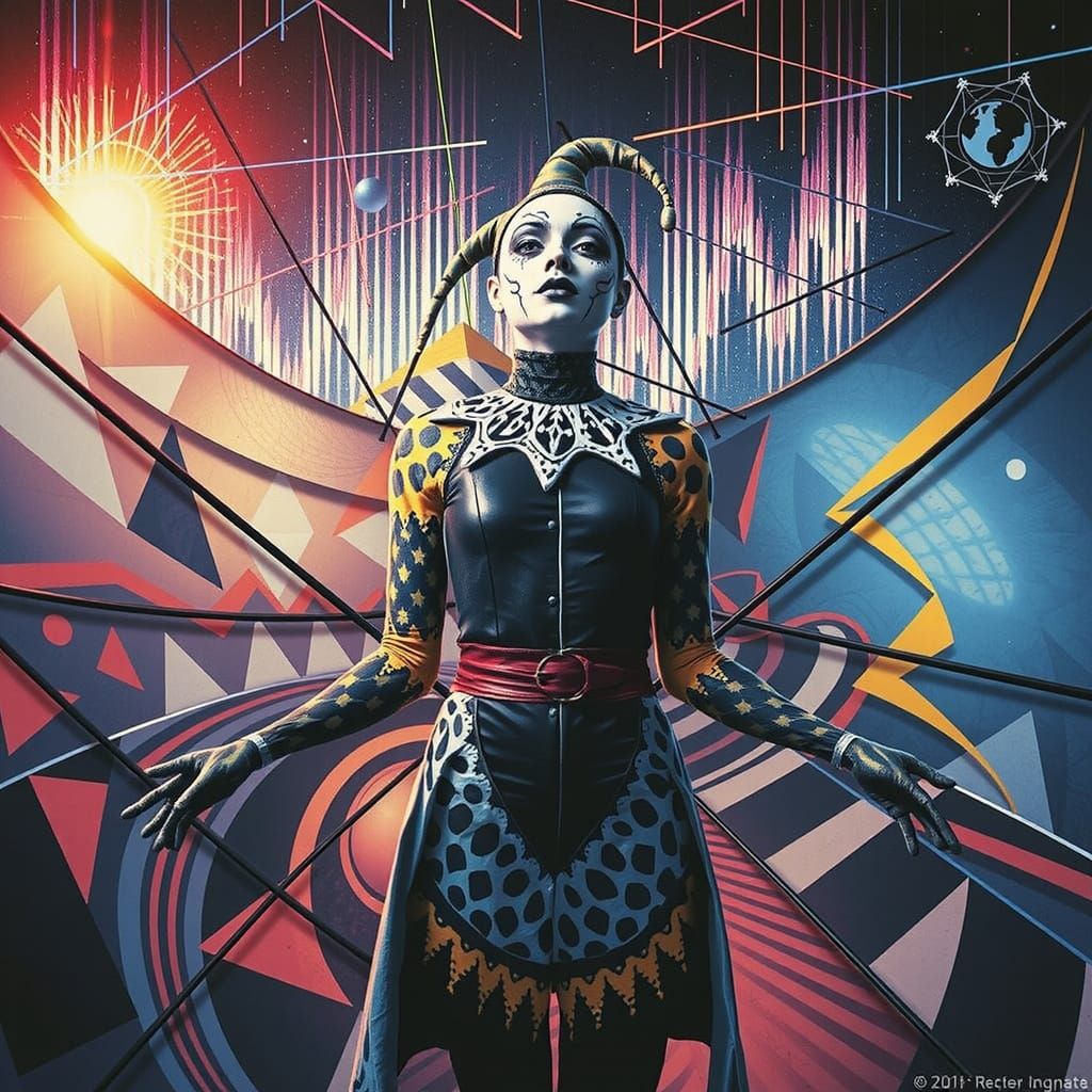 Harlequin Figure in Hypnotic Geometric Maze