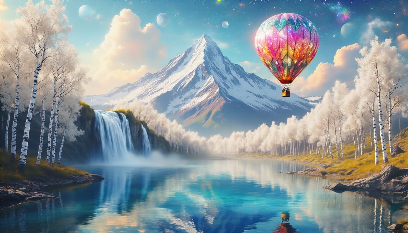 Gemstone Balloon Over Mountain Waterfall in Holographic Styl...