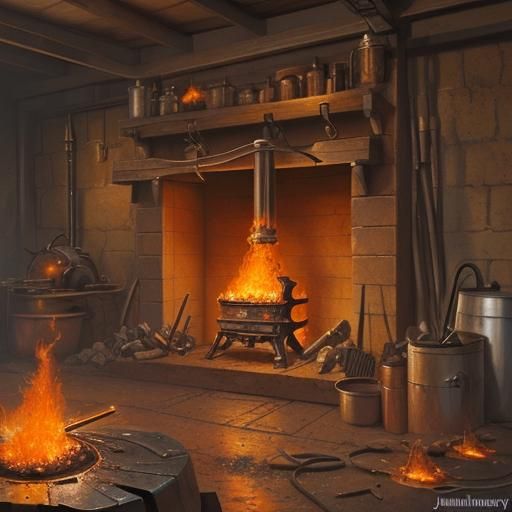 a blacksmith’s forge, with molten metal and intense orange f...
