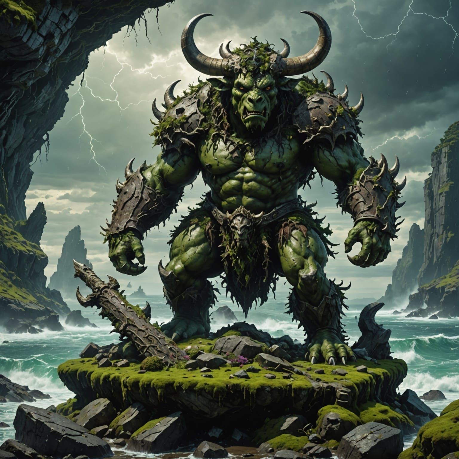 Ancient Minotaur Battles Sorceress & Kaiju