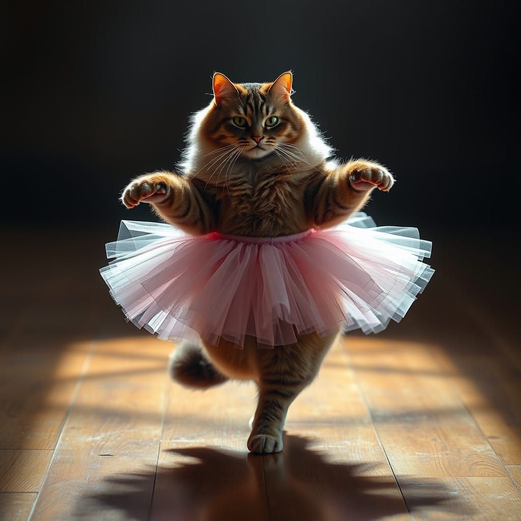 Elegant Feline Ballerina in Whimsical, High-Contrast Lightin...