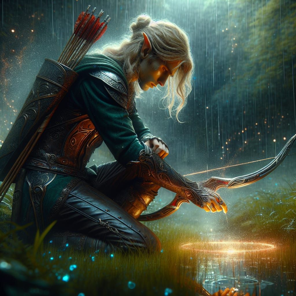 Elf in Rain with Glowing Bow: Photorealistic Fantasy
