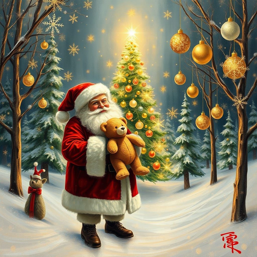 Santa Claus with Teddy Bear in Fractal Christmas Forest