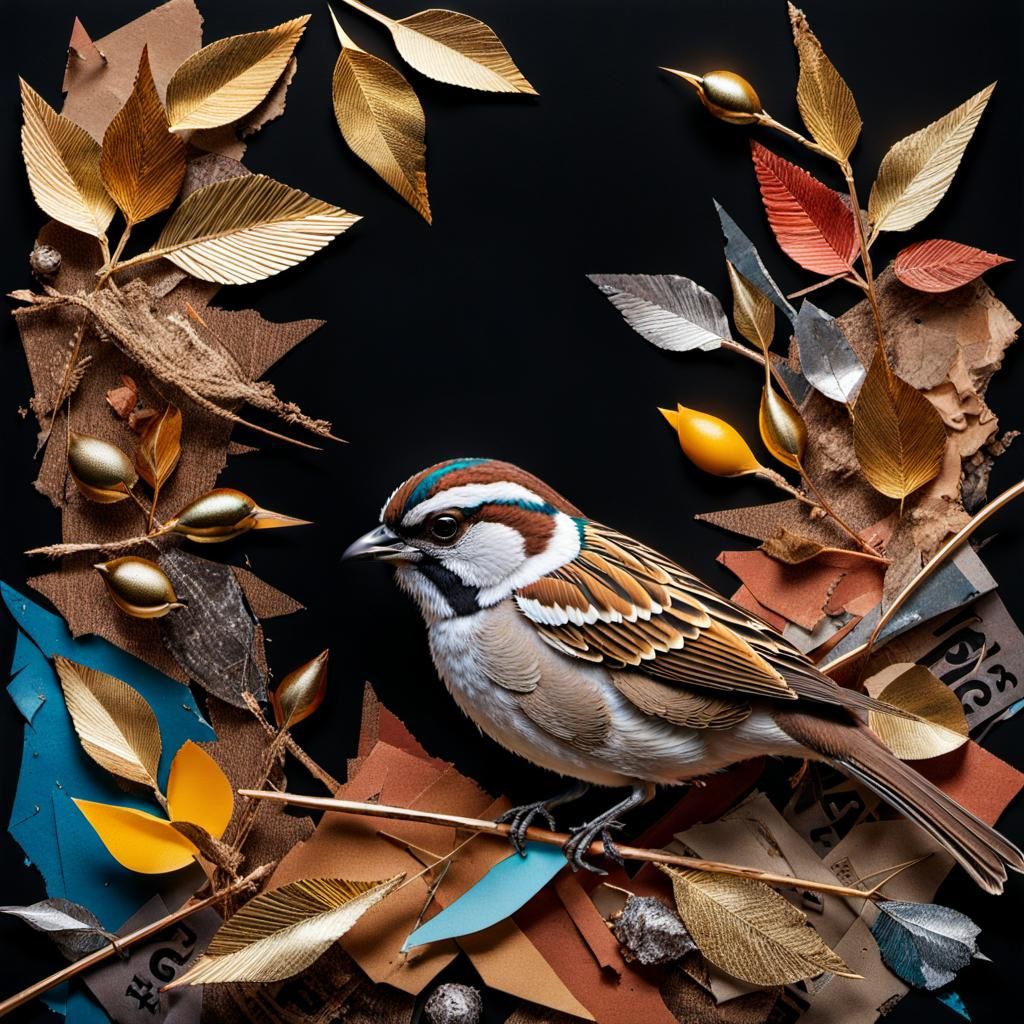 Sparrow Collage Crafted from Recycled Materials