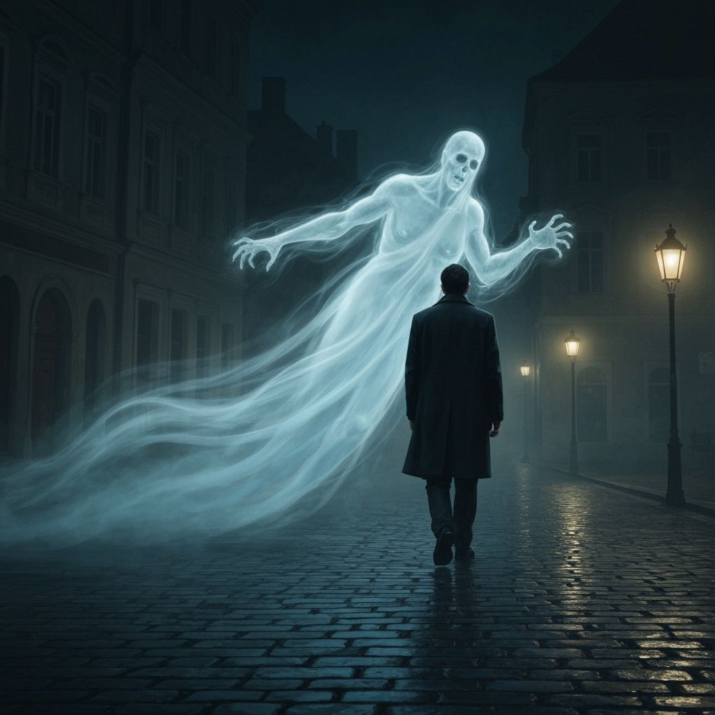 Ethereal Ghost Haunts Man in Gothic City Square