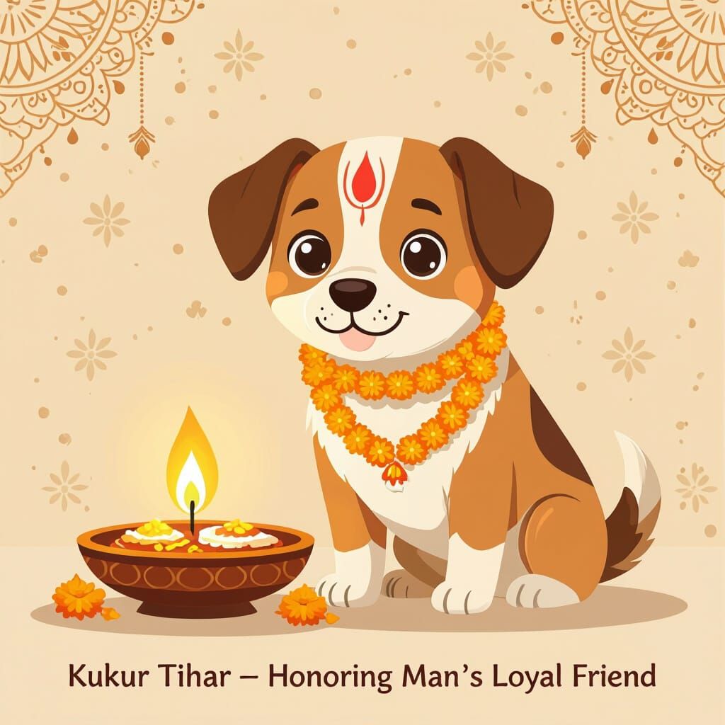 Adorable Nepali Dog with Tika and Marigold Mala