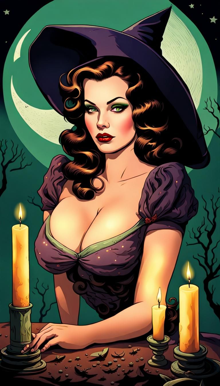 Vintage Witch Pin-Up in Dark Fantasy Style