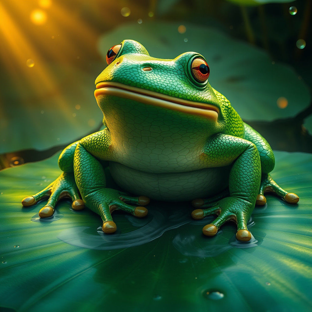Giant Frog on Emerald Lily Pad: 8k Artstation Concept