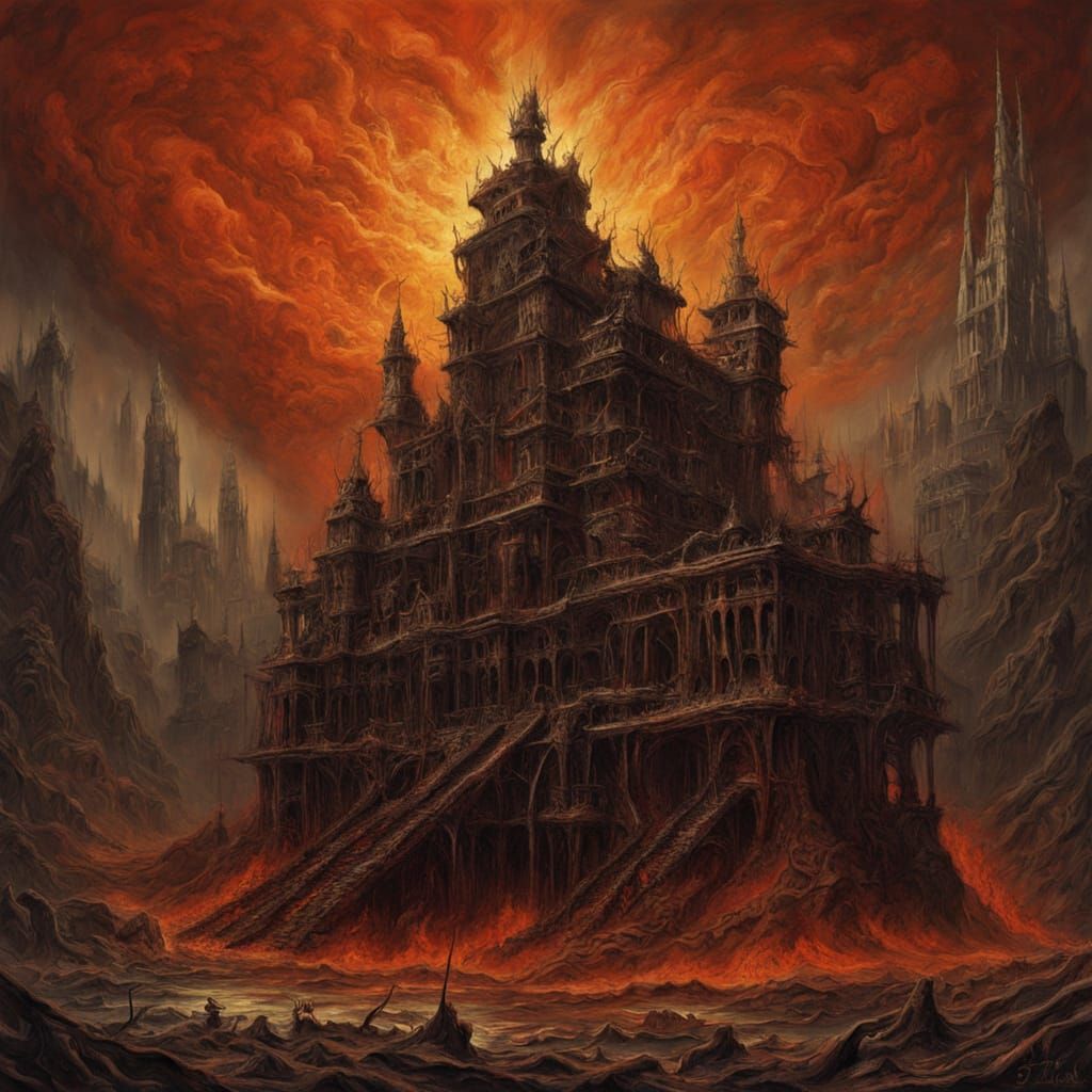 Infernal City Trapped in a Cage as Oil Painting