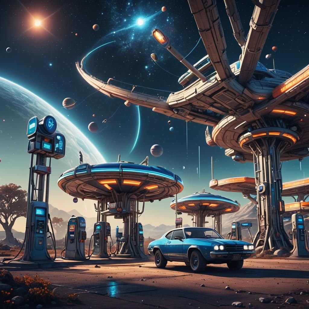 Spaceship Refueling at Gas Pumps in Starry Universe