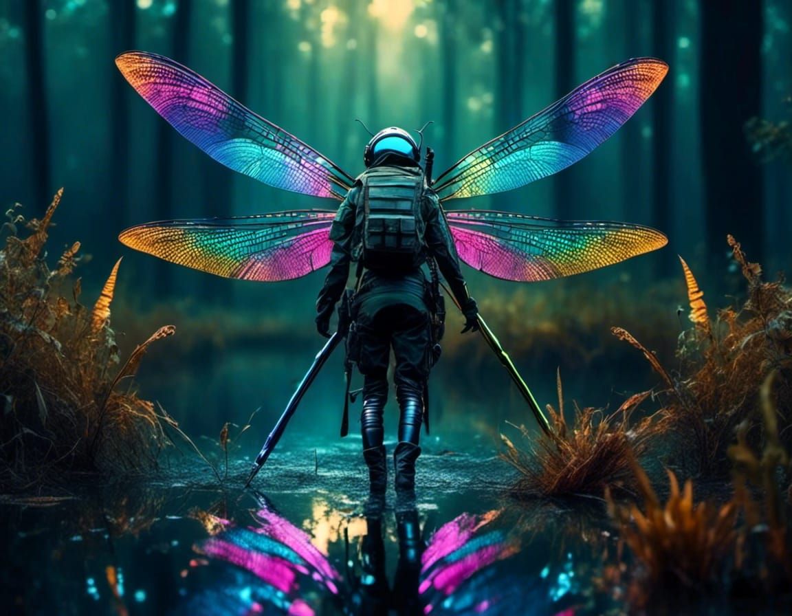Tactical Dragonfly Soaring Over Mysterious Swamp