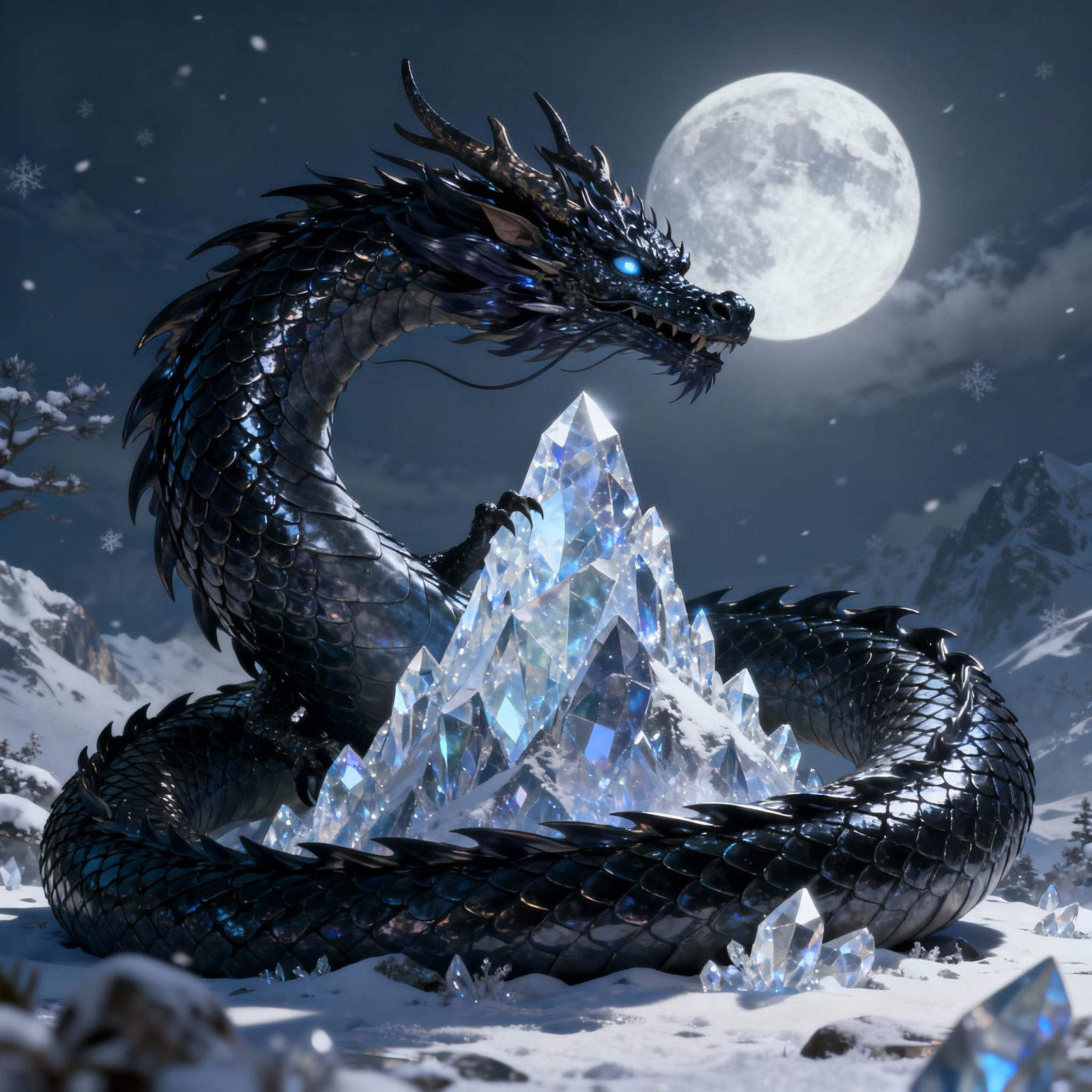 Ancient Obsidian Dragon Guards Crystal Mountain Peak in 3D A...