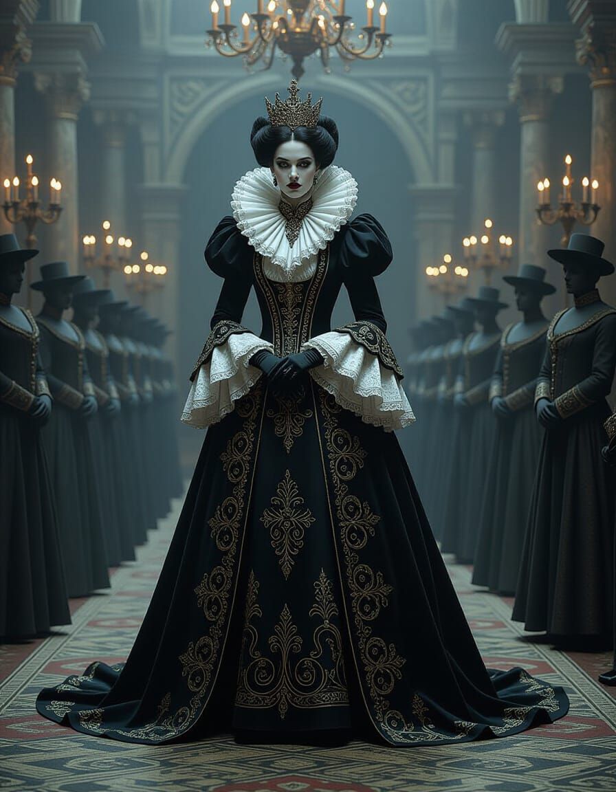 Regal Figure in Baroque Attire Commands Shadowy Court