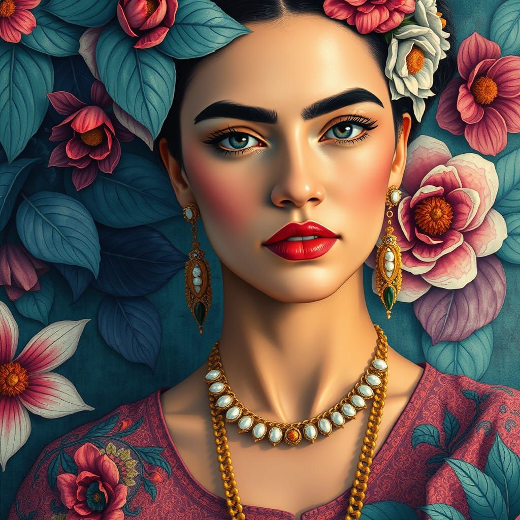 Vibrant Frida Kahlo-Inspired Portrait in Intricate Tradition...