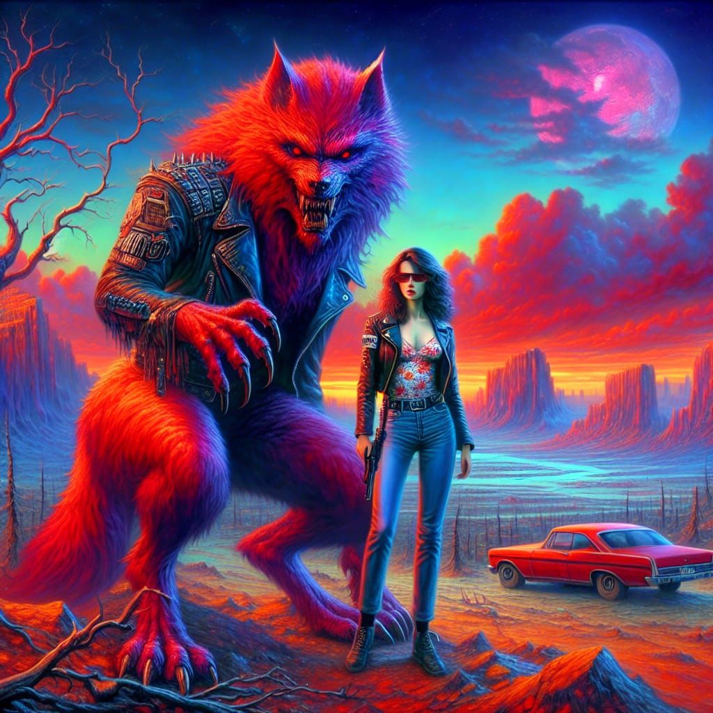 Red Werewolf Guards Woman in Wasteland, Gothic Romanticism