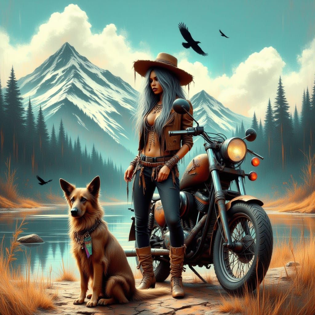 Biker Woman and Dog with Motorcycle in Mountains
