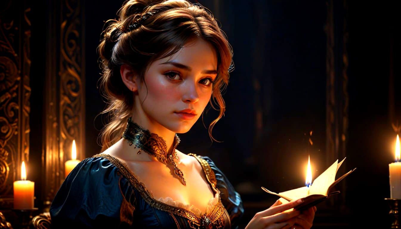 Victorian Girl Writing by Candlelight as Impasto Painting