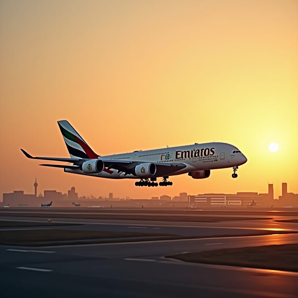 Emirates A380 Landing at Dubai Airport in Golden Light