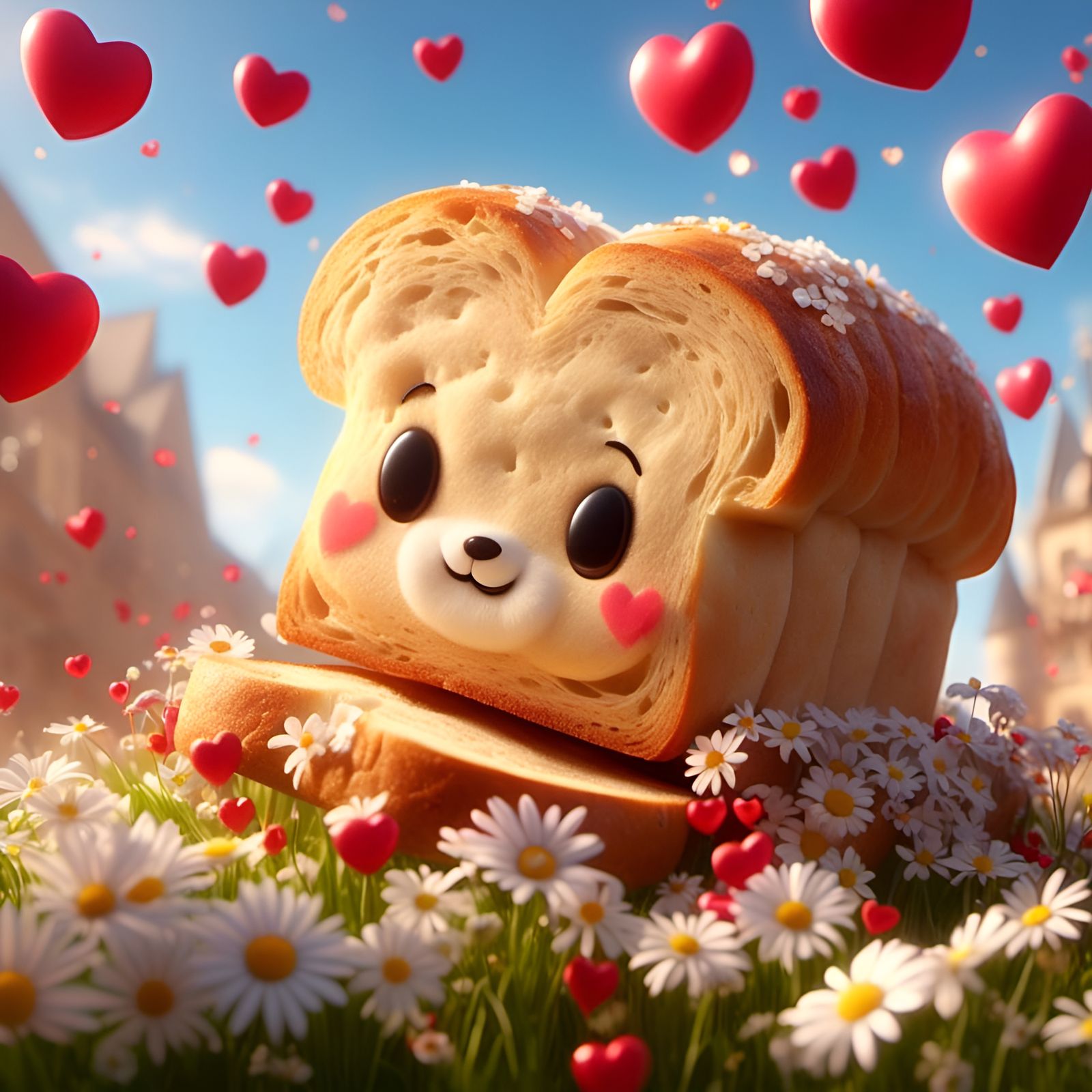 Adorable Bread Loaf Surrounded by Hearts and Flowers