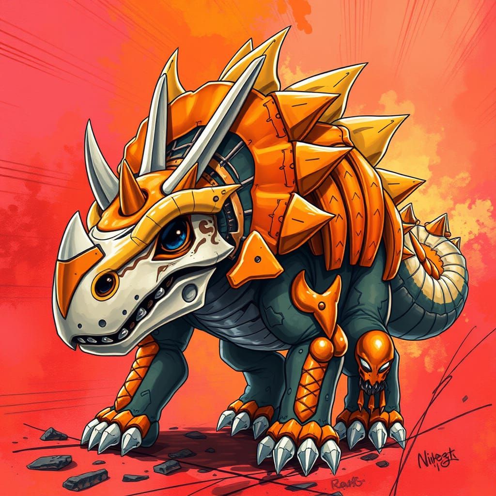 Cyberpunk-Inspired Triceratops Digimon in Orange Skull Armor