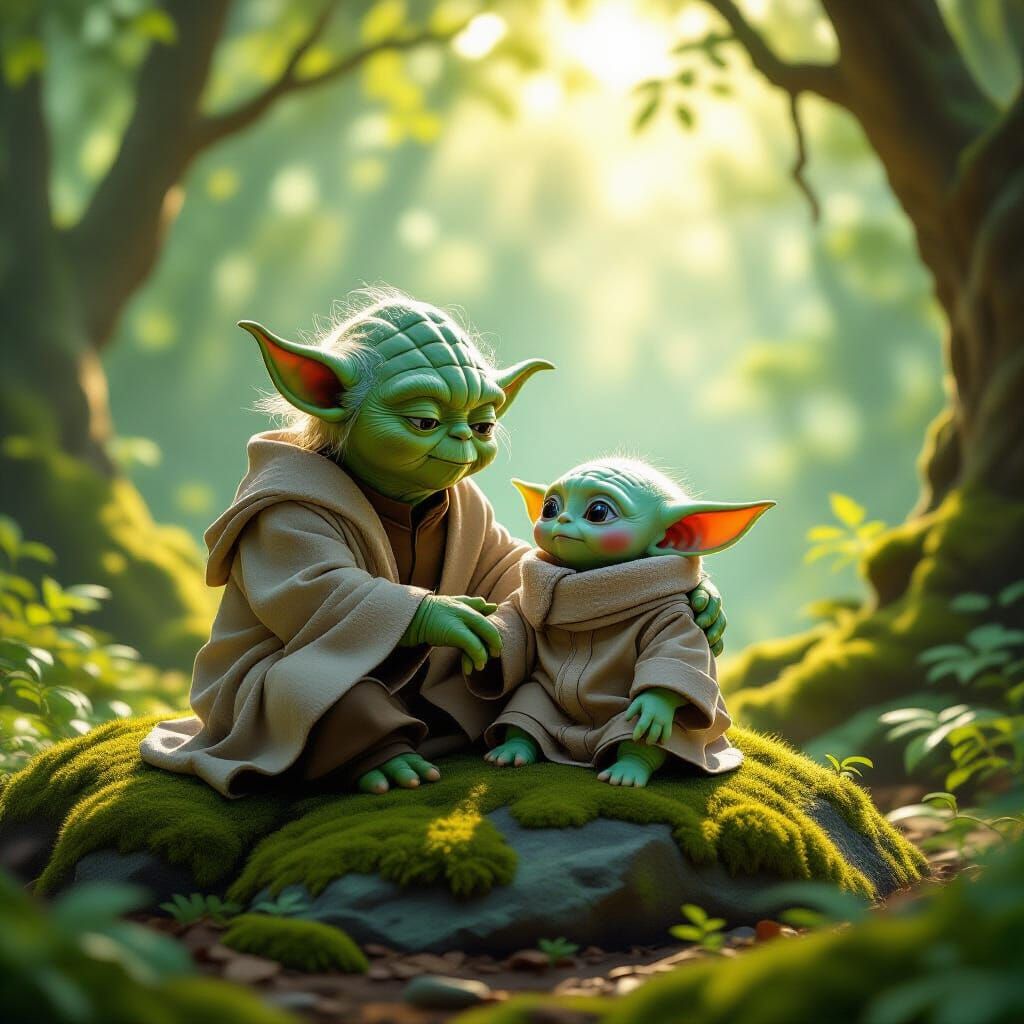 Yoda and Grogu in Forest Clearing, Concept Art Style