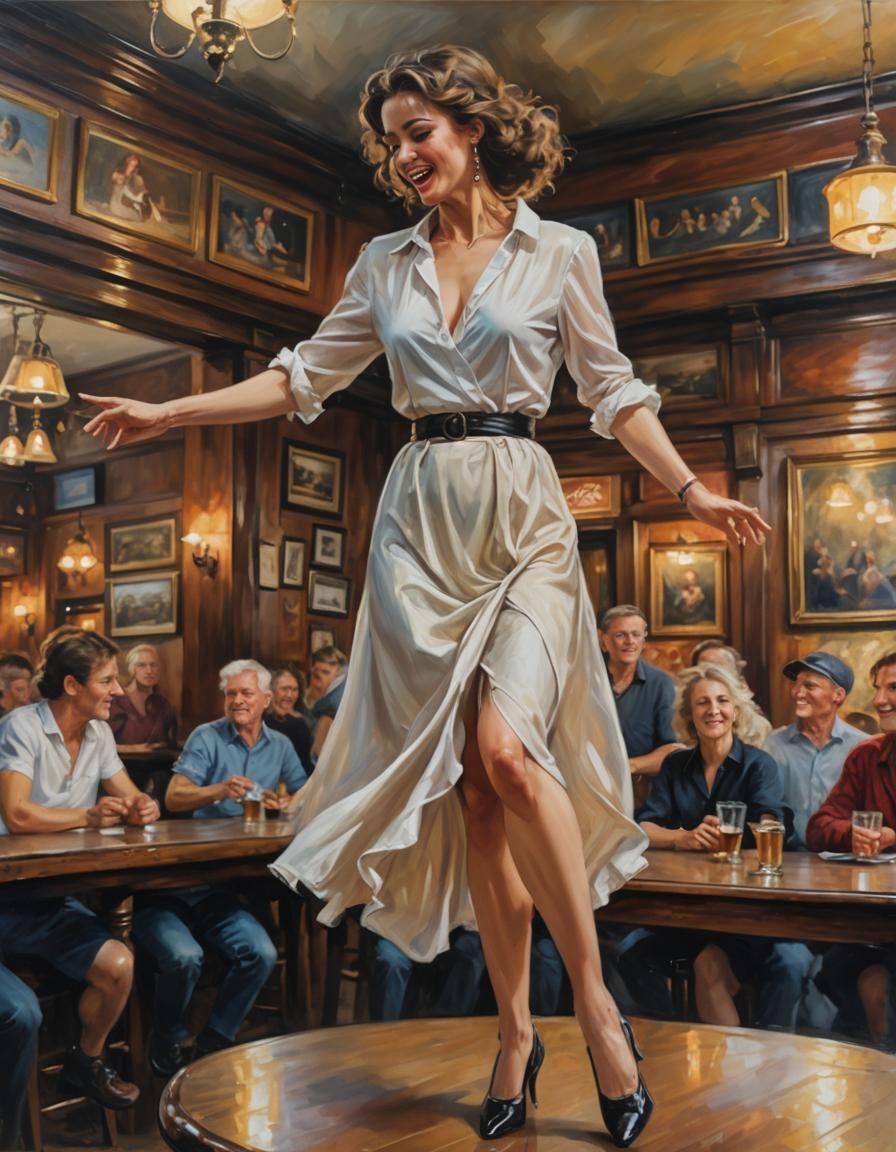 Graceful Dancer Entertaining Pub Customers in Oil Painting S...
