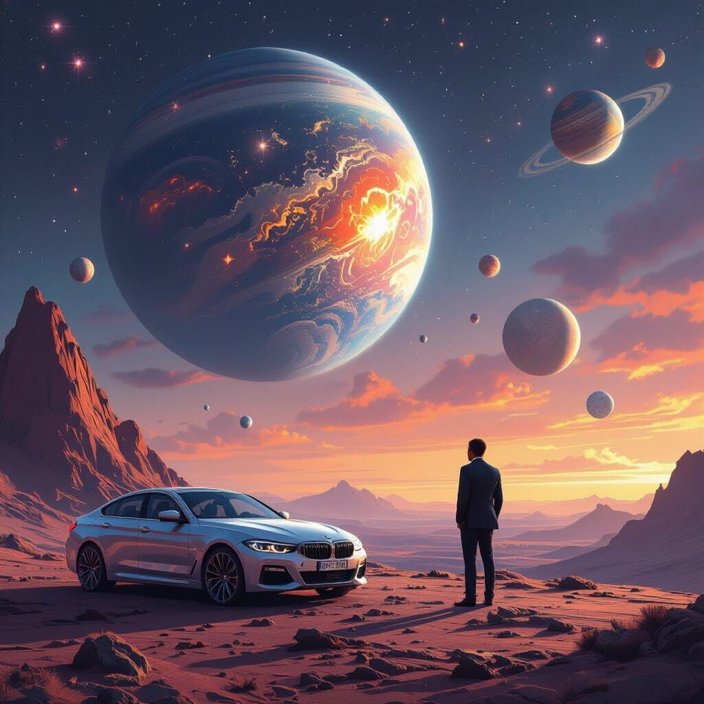 Galaxy Scene with Businessman and BMW Car