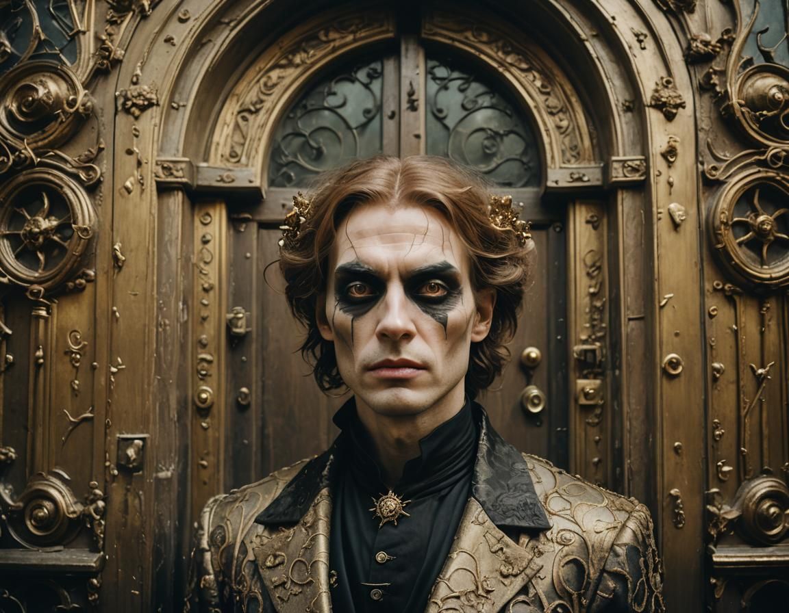 Surreal Gothic Portrait with Doors in Dreamlike Setting