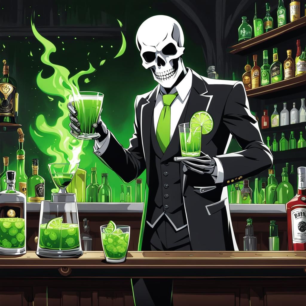 Skeleton Bartender in Anime Style Serving Drink