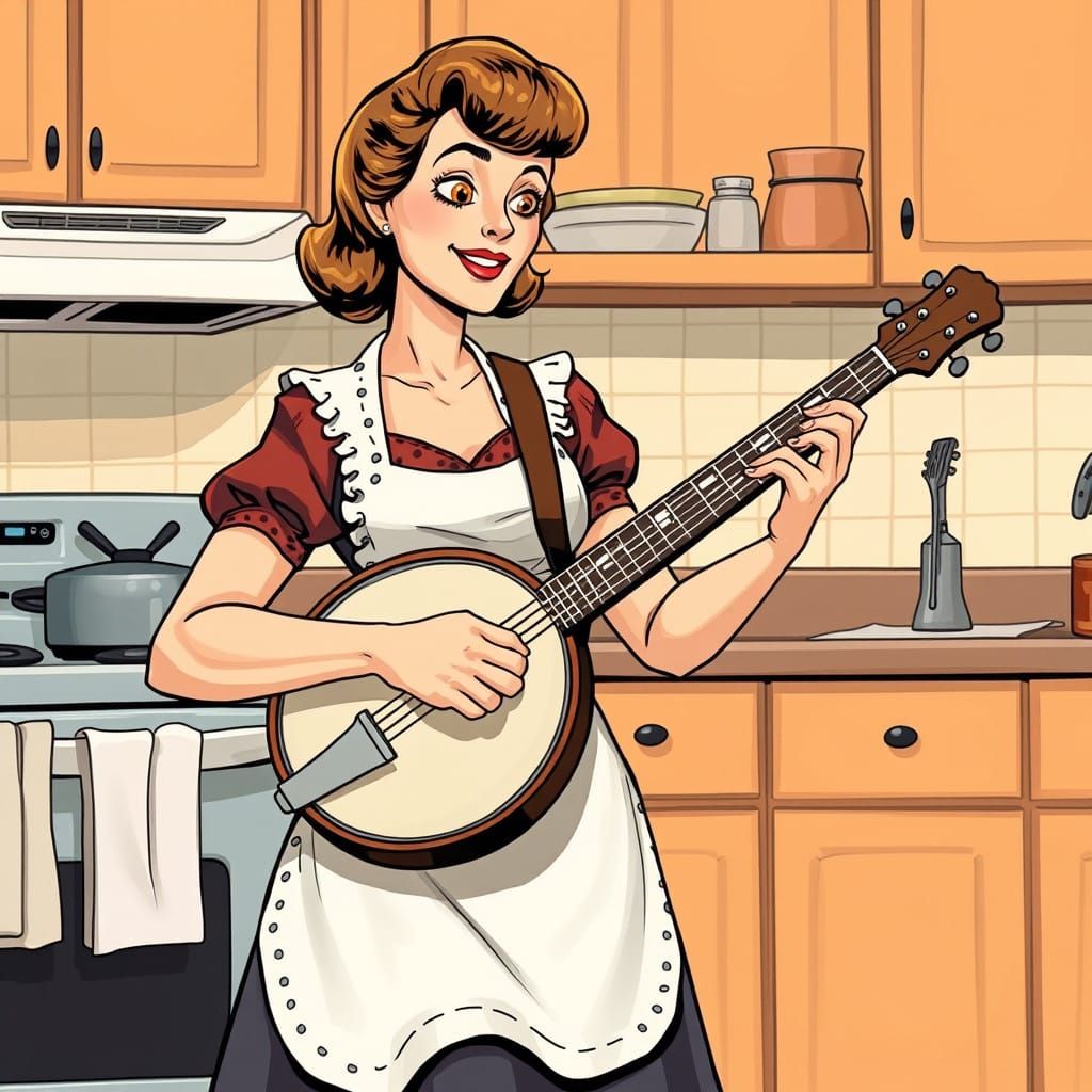 1950s Housewife Plays Banjo in Kitchen, in Cartoon Style