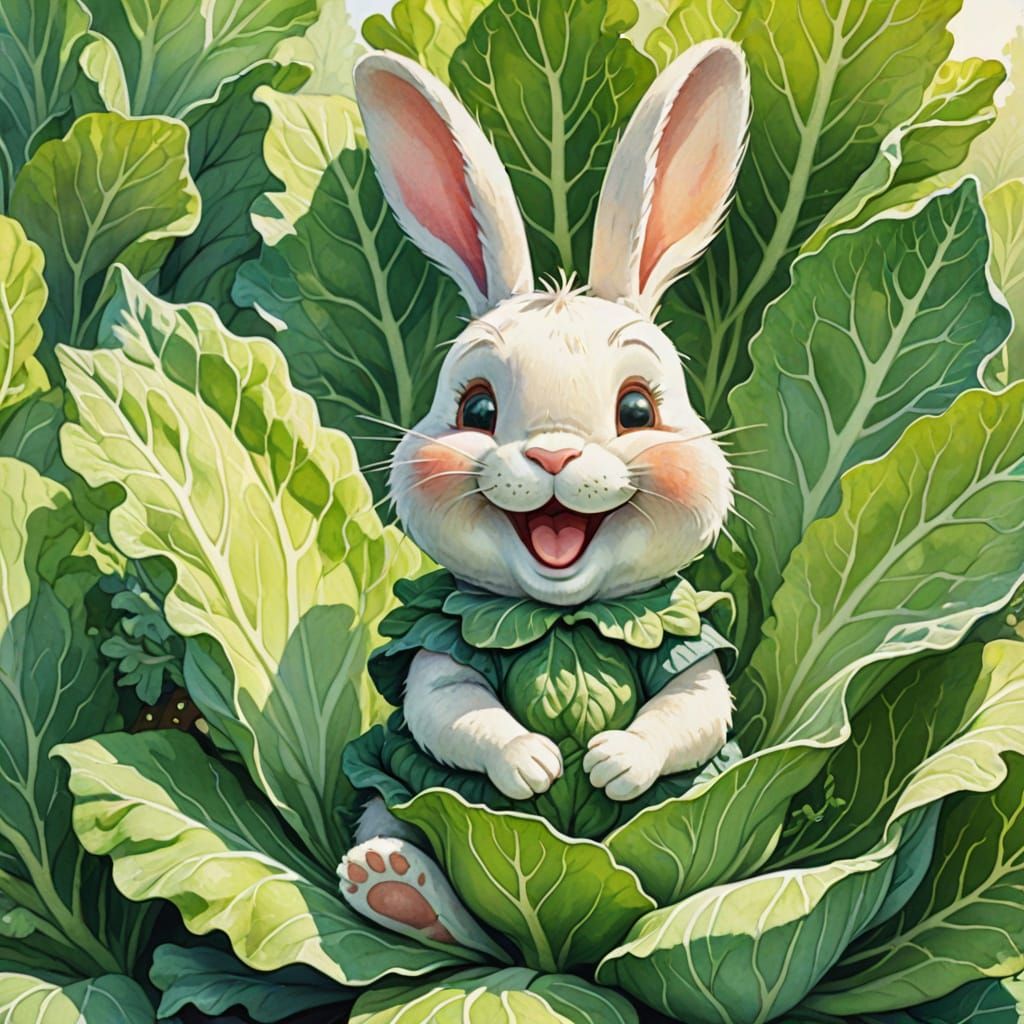 Laughing Rabbit in Cabbage Patch: Watercolor Illustration