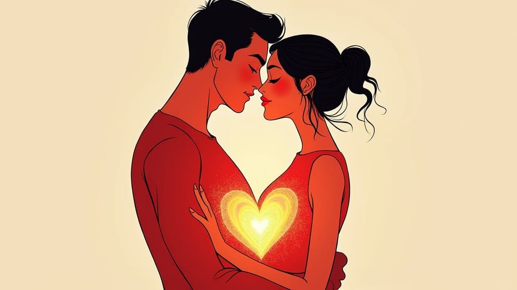 Couple in Intimate Embrace, Minimalist Line Art with Bold He...