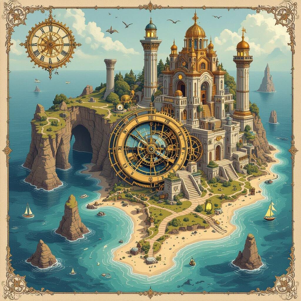 Clockwork Map of Mystical Coastline in Fantasy Style