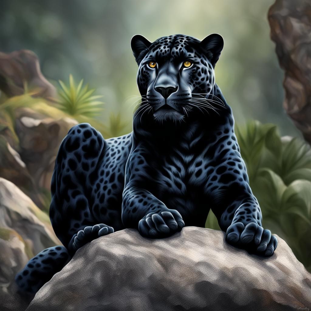 Hyperrealistic Black Jaguar on a Rock