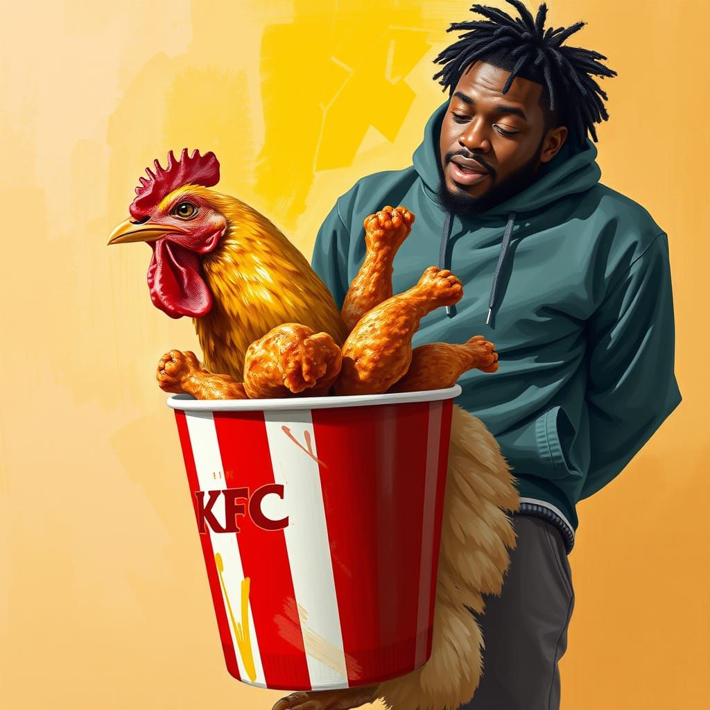African American Man and Chicken Share KFC Bucket in Vibrant...