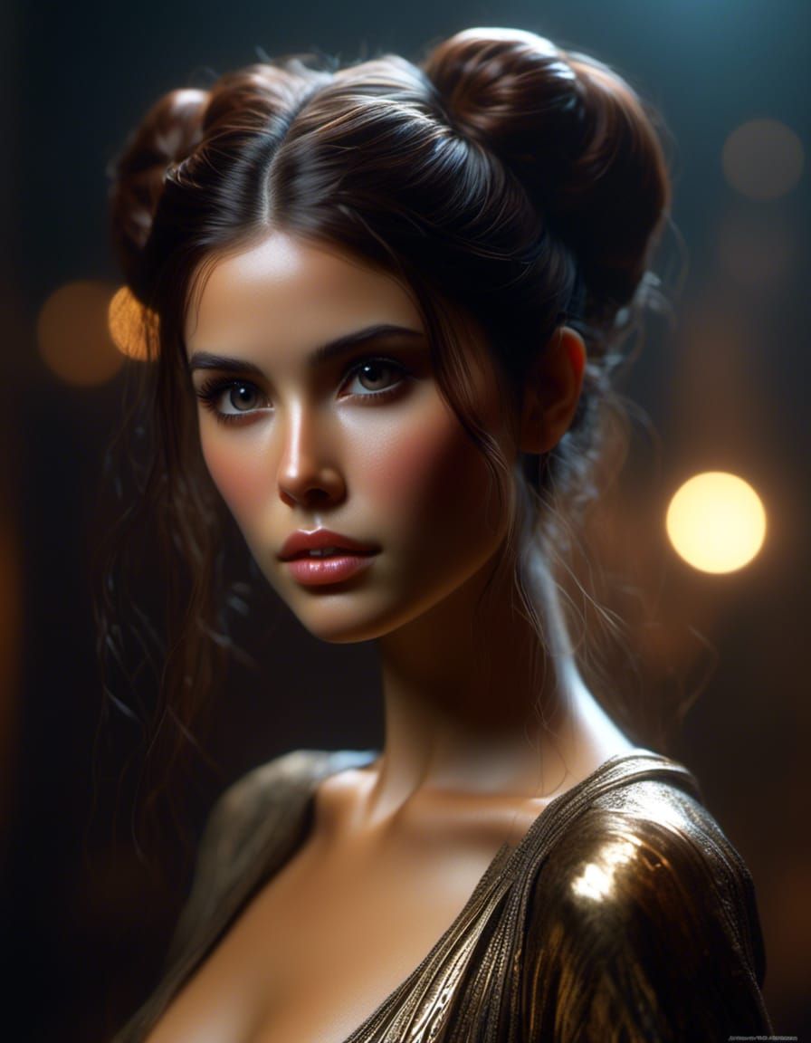 Hyperrealistic Princess Leia Portrait in Metal Bikini