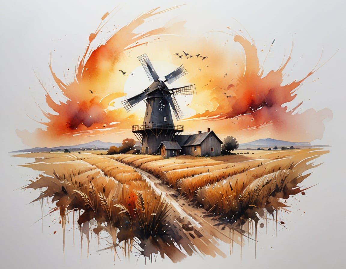 Golden Wheat Fields at Sunset Watercolor Landscape