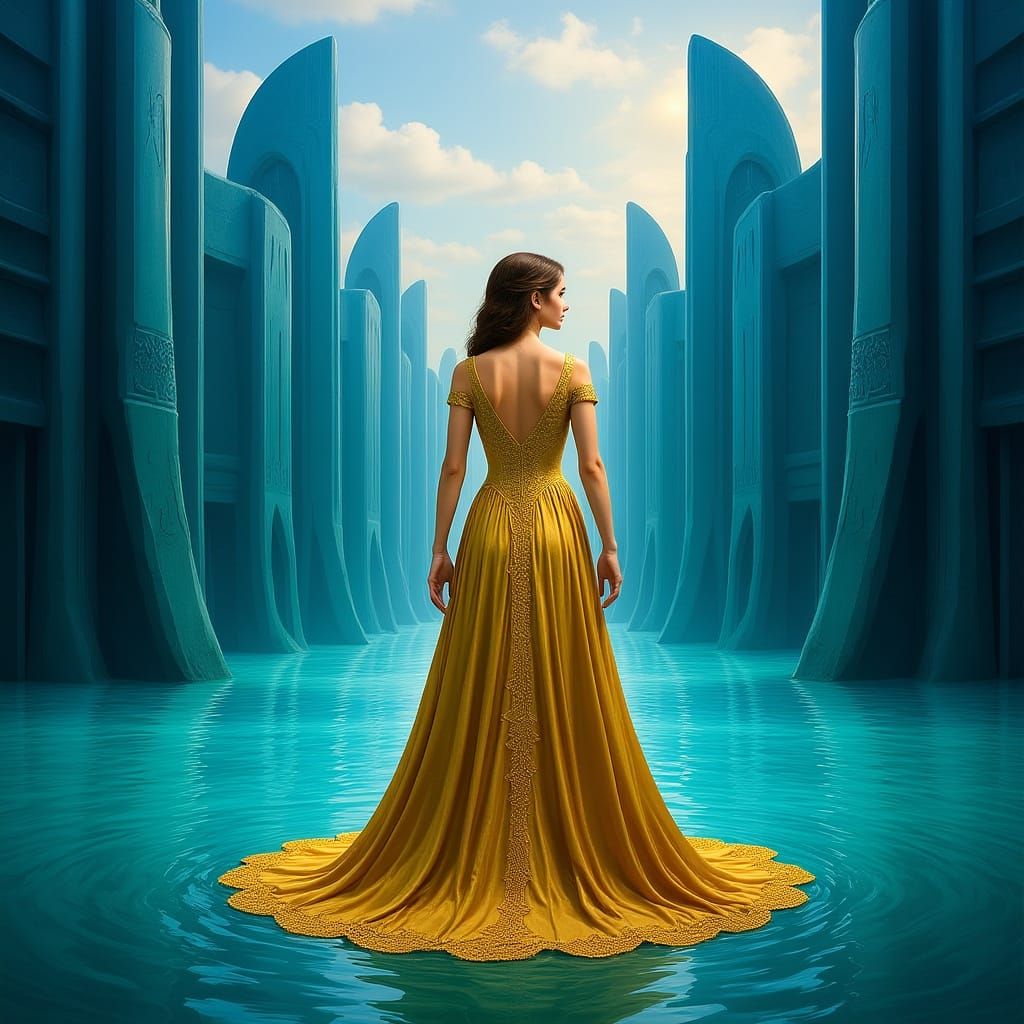 Woman in Gold Gown at Iridescent Lake