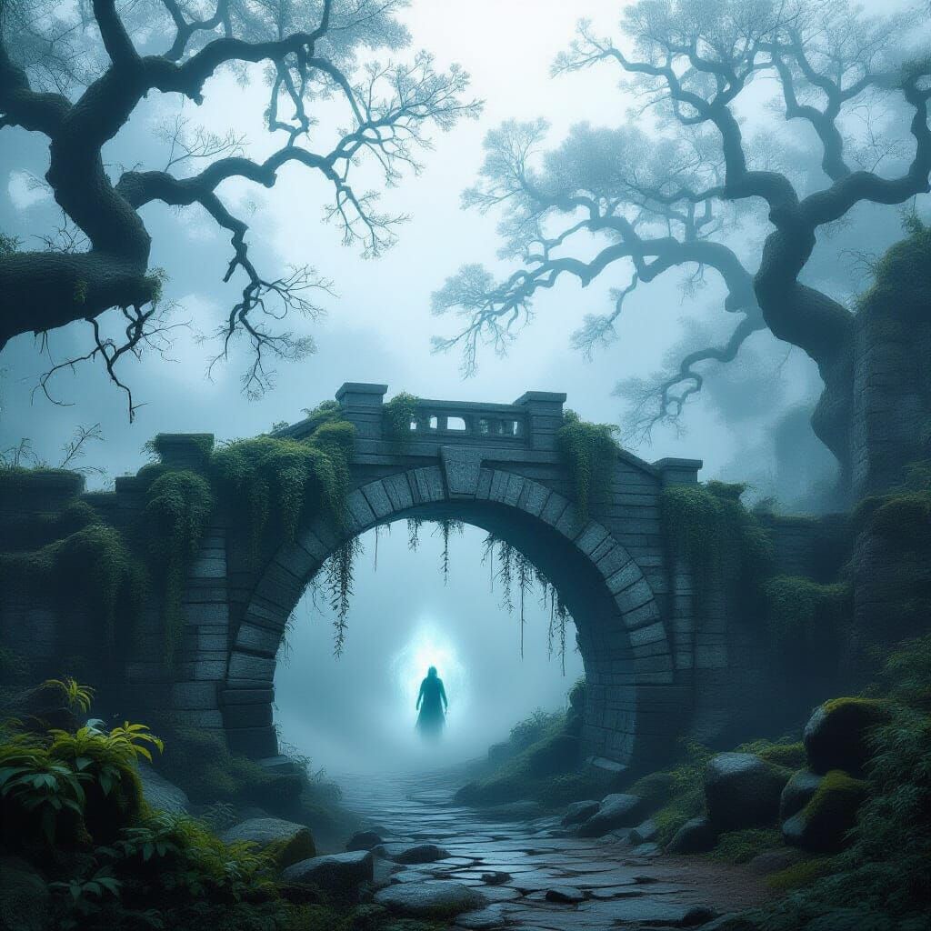 Ethereal Mist Shrouds Ancient Stone Bridge