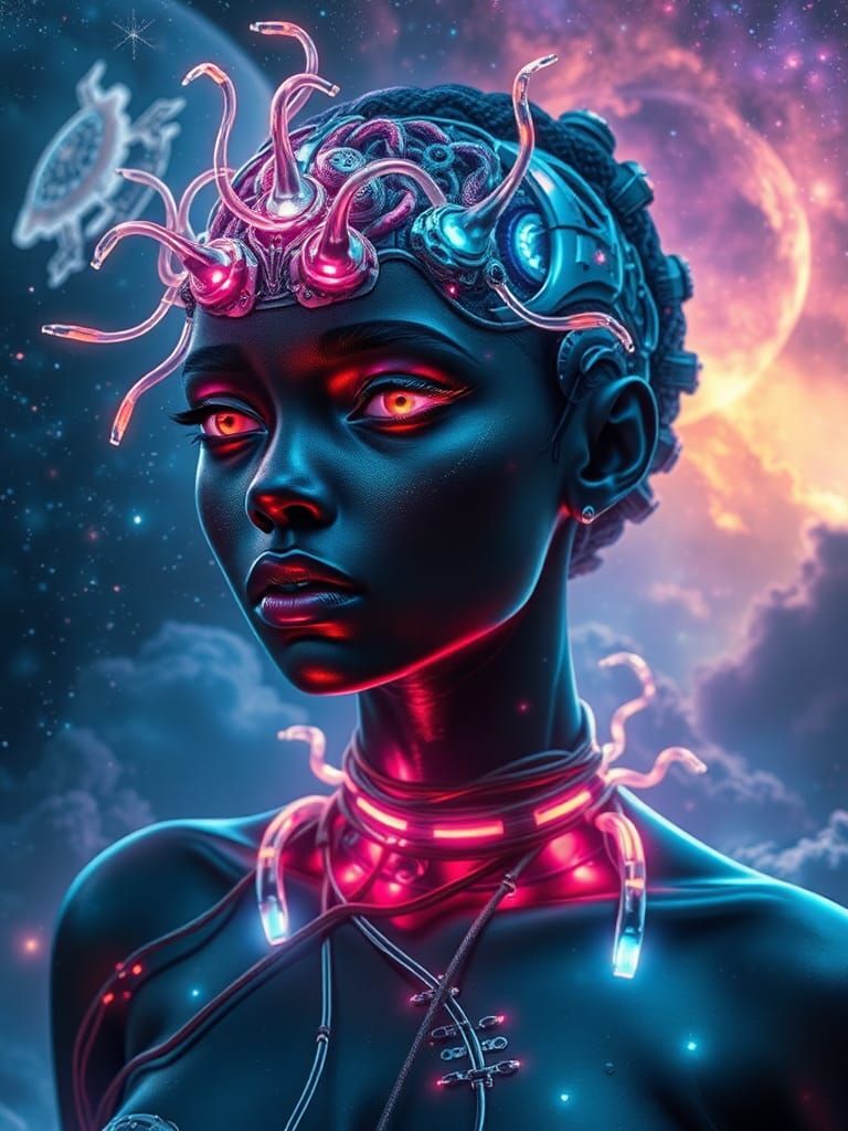 Cybernetic Girl in Starry Dreamscape