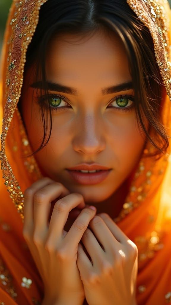 Woman in Embroidered Veil: Hyper-Realistic Cinematic Portrai...