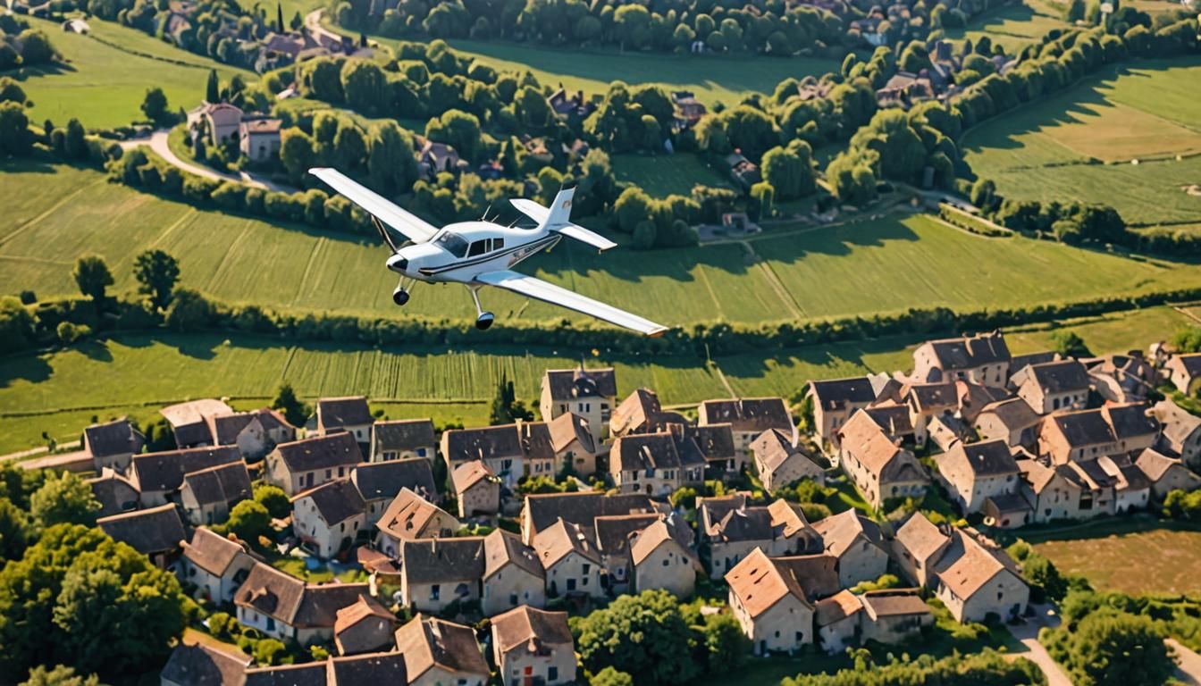 Small Airplane Over French Village: Photography