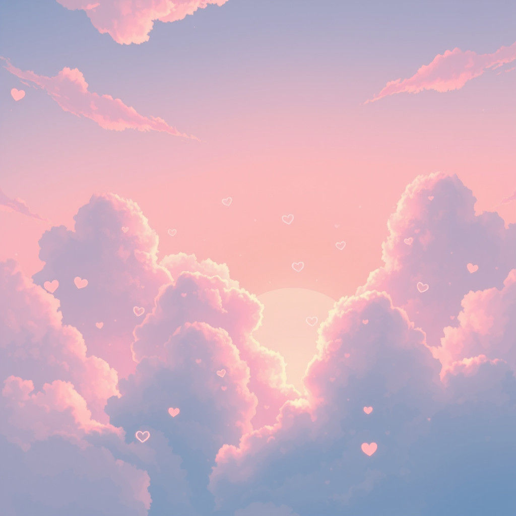 Pastel Dawn Sky with Translucent Hearts in Anime Style