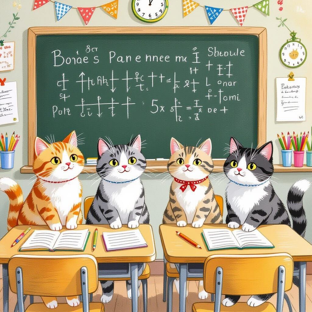 Cats in Classroom, Beatrix Potter Watercolor Style