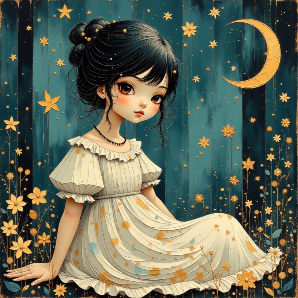 Girl in Nightgown with Earth and Moonchild Christmas Style
