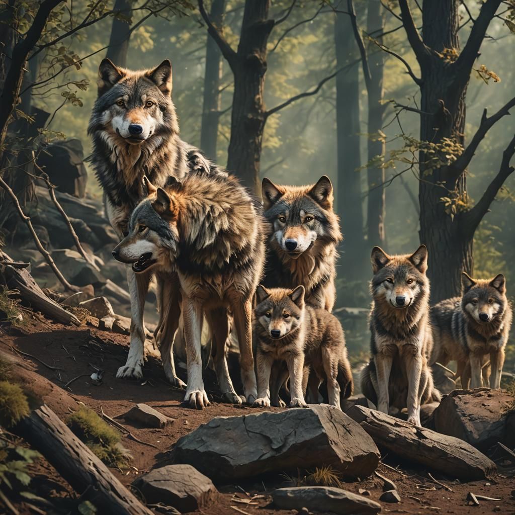 Wolves Raising Cubs: A Cinematic Film Still