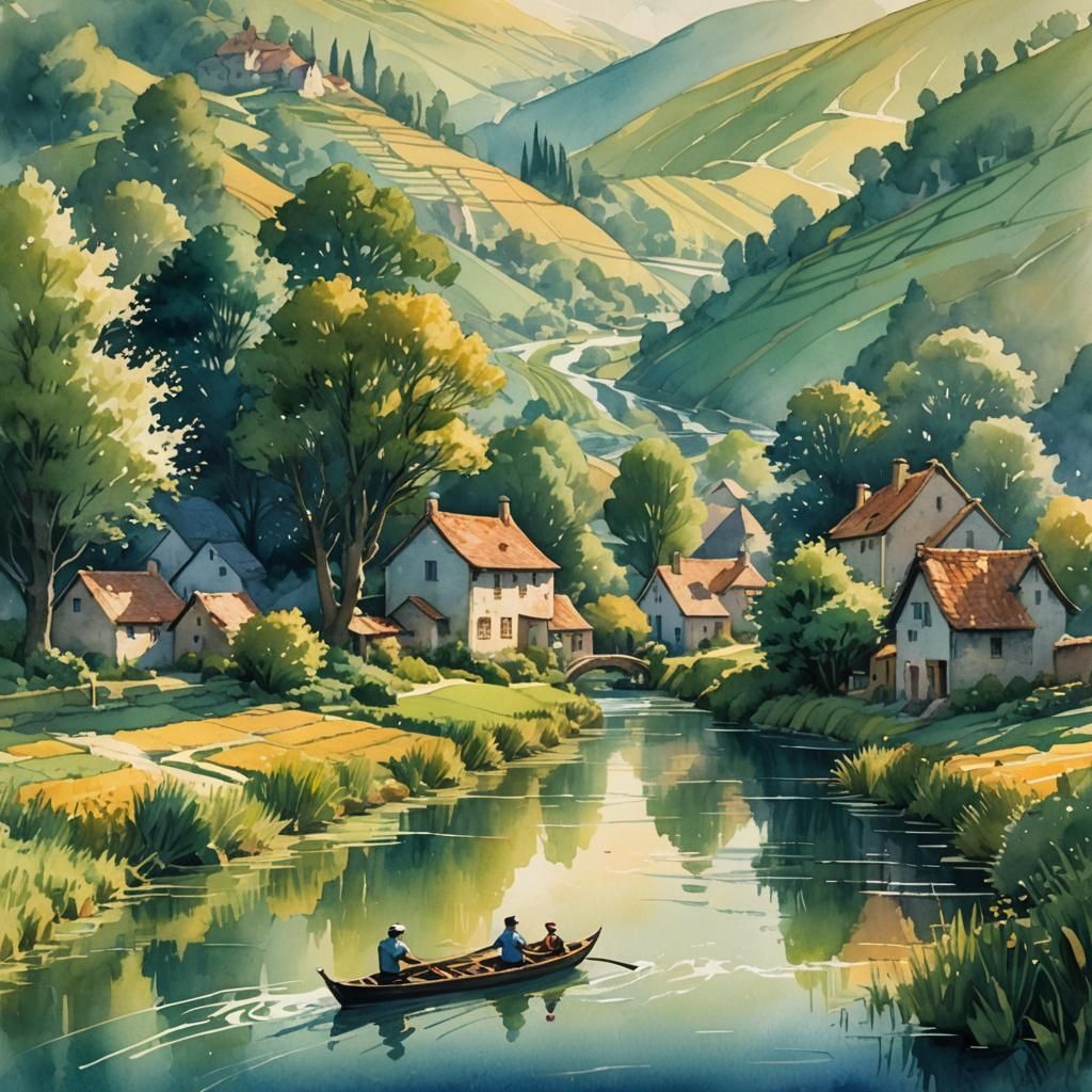 Fantasy River Scene in Watercolor Style