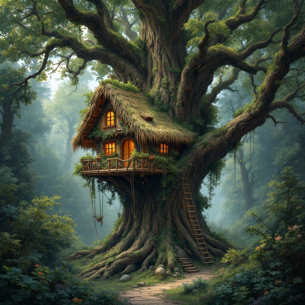 Whimsical Treehouse Amidst Enchanted Redwood Forest