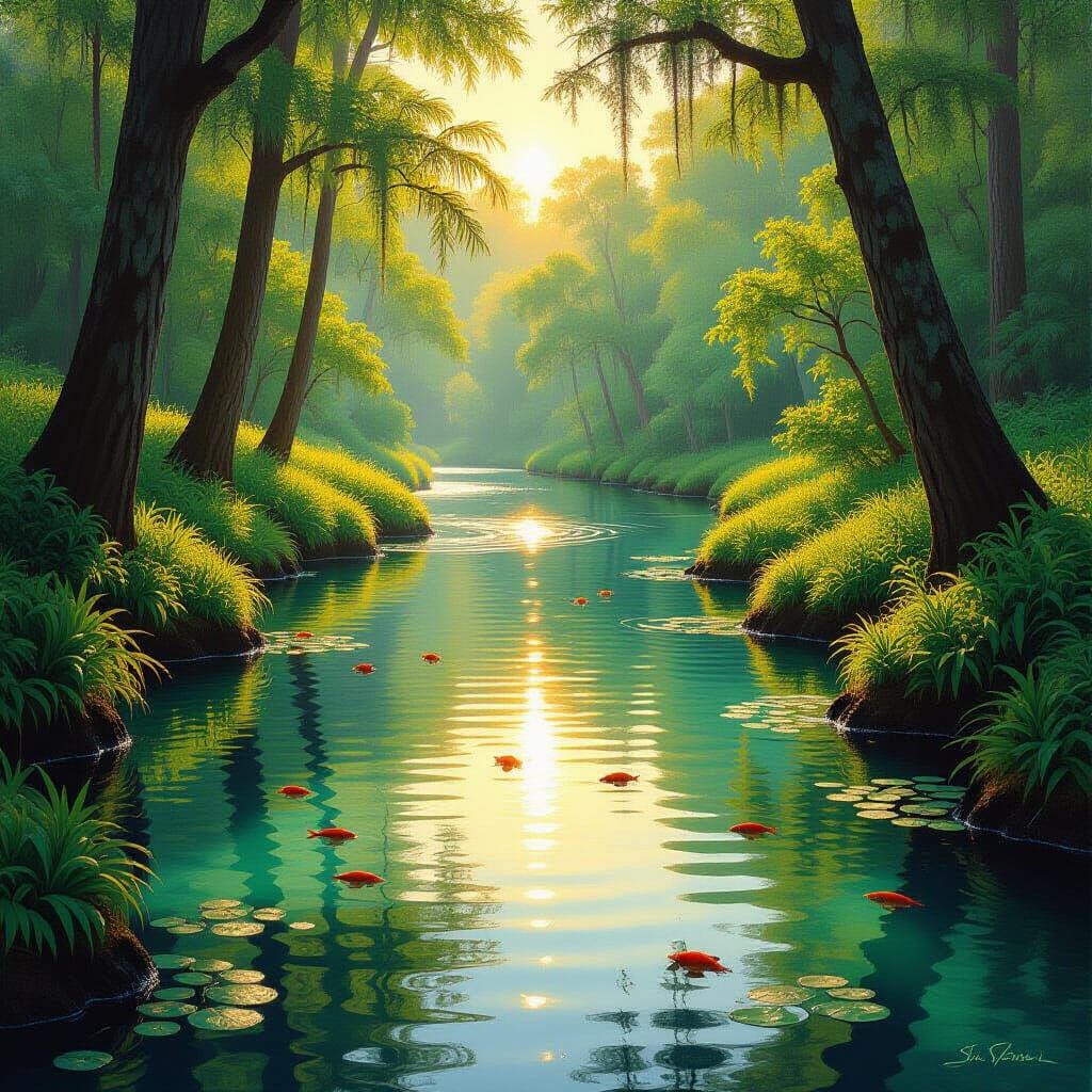 Florida Spring Run in Impressionistic Style