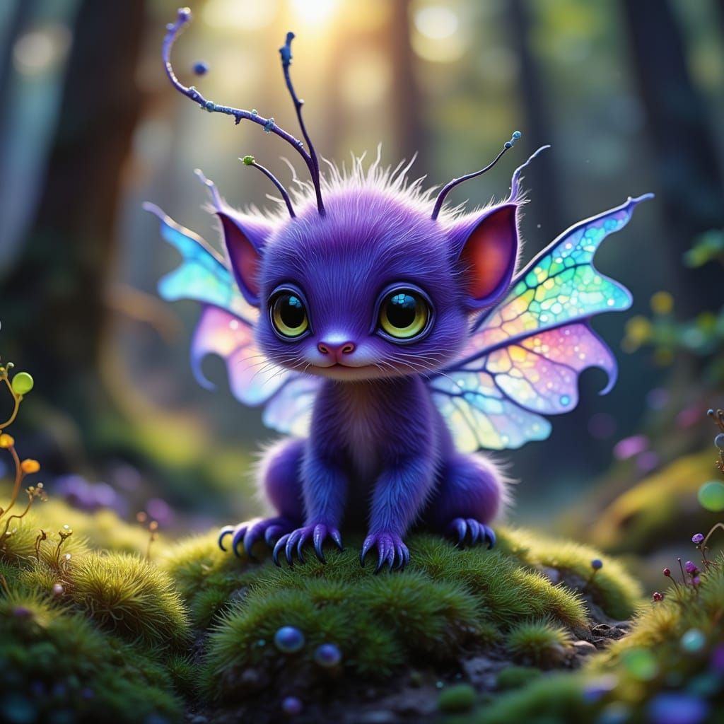 Fluffy Purple Creature with Bioluminescent Wings in Forest